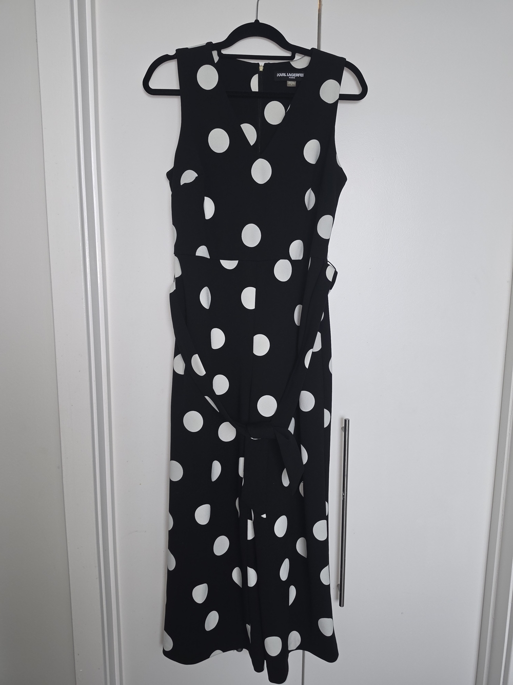 Karl Lagerfeld Black and White Polka Dot Midi Jumpsuit with Waist Tie